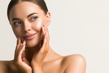 Beautiful female touching hand skin clean natural make up fresh skin model beauty woman concept...