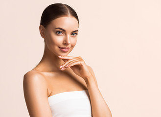 Woman beauty skin care portrait natural make up healthy skin and hands