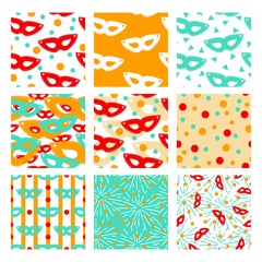 Carnival mask vector seamless patterns. Colorful patterns in red, yellow and teal colors. 