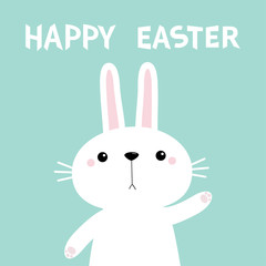 Happy Easter. Rabbit bunny waving paw print hand. Cute cartoon kawaii funny baby character. White farm animal. Blue background. Isolated. Flat design