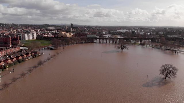 Worcester City Centre Flooding River Severn Racecourse Viaduct Bridge Aerial February 2020