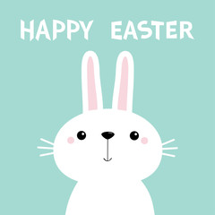 Happy Easter. White bunny rabbit. Long ears. Cute cartoon kawaii funny baby character. Farm animal collection. Blue background. Spring greeting card. Isolated. Flat design