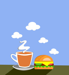 drawing Fresh tasty burger and a cup of hot tea in the morning with white cloud and blue sky.