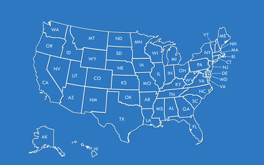 USA map outline vector with state names on blue background illustration