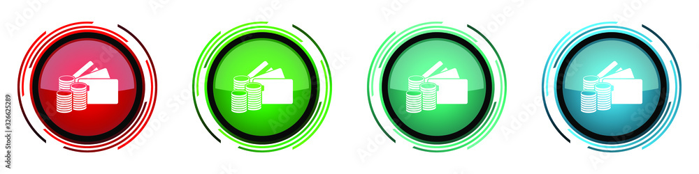 Poster wallet, money and credit cards round glossy vector icons, business set of buttons for webdesign, int