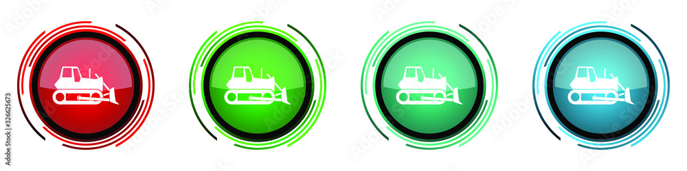 Poster bulldozer round glossy vector icons, heavy machine, tractor set of buttons for webdesign, internet a