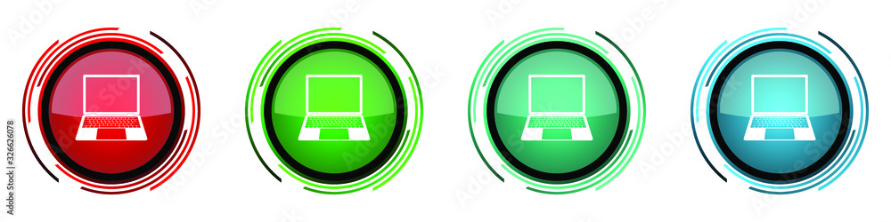 Aufkleber Open notebook round glossy vector icons, laptop, mobile computer set of buttons for webdesign, internet and mobile phone applications in four colors options isolated on white background