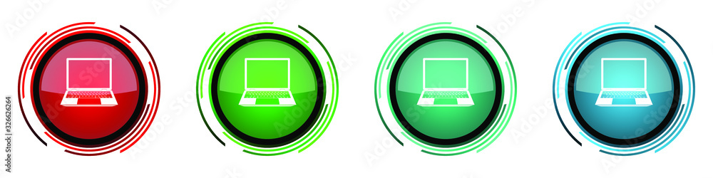 Aufkleber Open notebook round glossy vector icons, laptop, mobile computer set of buttons for webdesign, internet and mobile phone applications in four colors options isolated on white background
