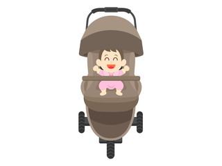 ベビーカーに乗った女の子の赤ちゃん　笑う