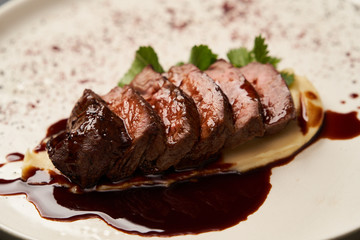 Filet mignon with mashed potatoes and pomegranate sauce, close-up