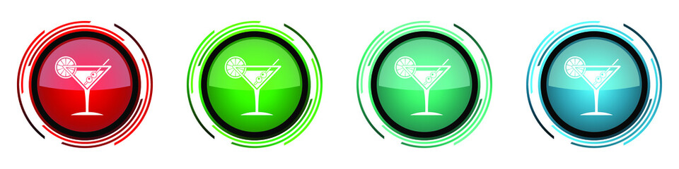 Tropical drink, alcohol, bar, martini in glass set of buttons for webdesign, internet and mobile phone applications in four colors options isolated on white background