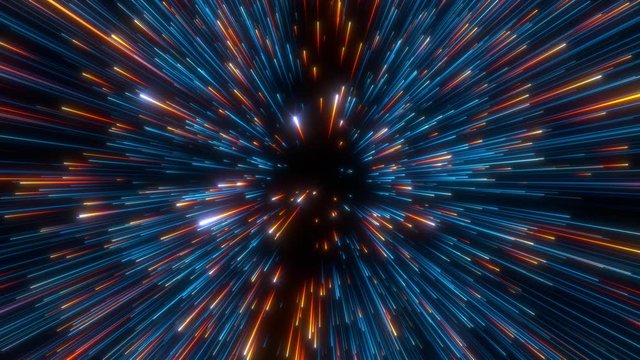 Looped animation. Interstellar travel through space and time at the speed of light. Bright neon blue and orange laser beams on dark background. Colorful fireworks. 3d rendering.