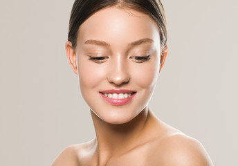 Woman face teeth smile clean skin without make up fresh clean beauty model