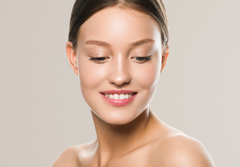 Obraz premium Woman face teeth smile clean skin without make up fresh clean beauty model
