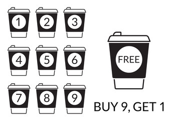 Take away coffee cup concept. Buy 9 cups and get 1 for free. Design element for promotion cafe card or loyalty voucher. Coffee to go icons. Vector illustration. 