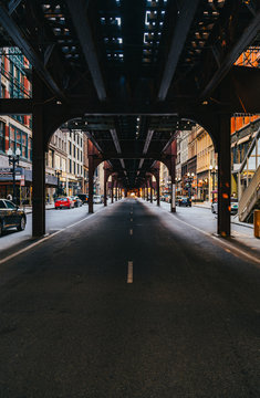 old, rusty metro tracks over the streets of Chicago