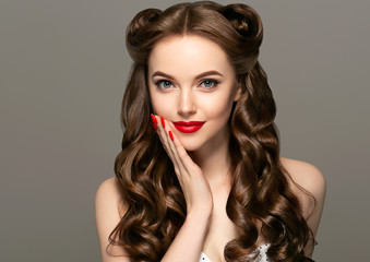 Fototapeta premium Pin up woman beautiful portrait red lipstick manicure nails hand