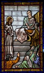 Obraz na płótnie Canvas Stained glass representing Jesus to Pilate in the Annunciation Cathedral from Targu Mures city Romania 26.02.2020