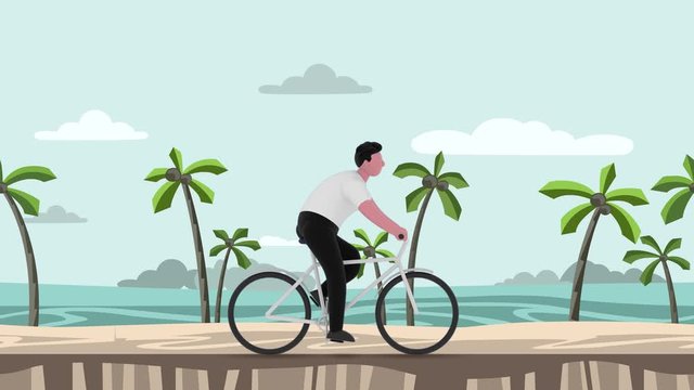 Cartoon man riding a bicycle on the sea and palms background. 3D rendering, motion graphic animation.