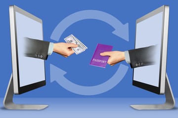 web concept, two hands from computers. hand with cash money and passport. 3d illustration