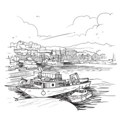 Panorama of the marina with fishing boats. La Spezia, Liguria, Italy. Vintage design. Linear sketch isolated on white background. EPS10 vector illustration