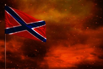 Fluttering Novorossiya flag mockup with blank space for your text on crimson red sky with smoke pillars background. Troubles concept.