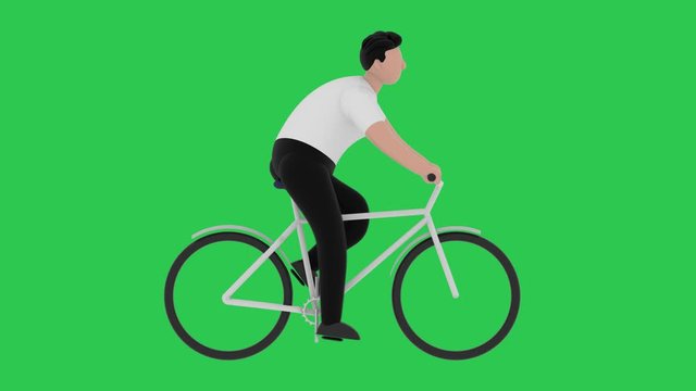 Cartoon man riding a bicycle on a green background. Seamless looped motion graphic animation, isolated.