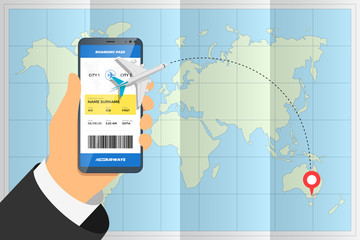 Hand holding smartphone with mobile app ordering flight ticket and airplane route on destination location pin above folded world map. Business tourism online boarding pass booking vector concept