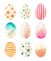 Watercolor set of hand drawn colored Easter eggs.