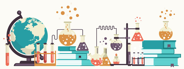 Laboratory equipment banner. Concept for science, medicine and knowledge. Flat vector illustration