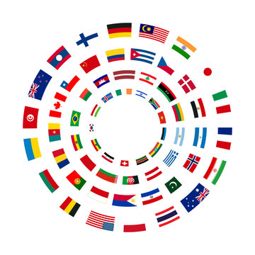 A lot of flags of sovereign states arranged in four circles isolated on white background