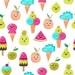 Sunny seamless pattern. Ice cream and fruits. Kawaii