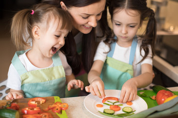 Cute mom and her kids prepare lunch making funny face from vegetables