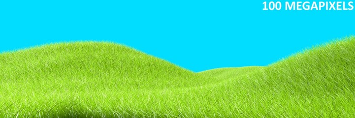 Fototapeta na wymiar highly detailed cute green grassy mounts isolated on blue background - peaceful nature, 100 megapixels abstract 3D illustration