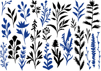 Flowers ink silhouettes illustration set of elements hand drawing