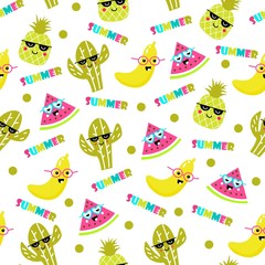 Summer seamless pattern. Banana, watermelon, pineapple and cactus. Kawaii