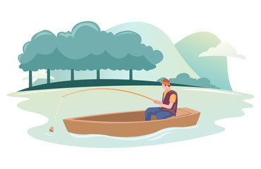 Obraz na płótnie Canvas A fisherman is fishing using a boat in a river