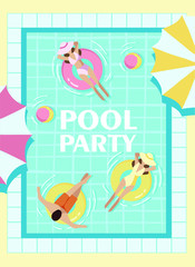 a pool party, a poster for a pool party with an inscription, people swim in the pool