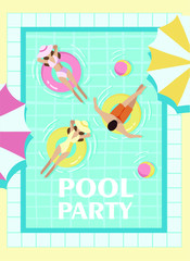 a pool party, a poster for a pool party with an inscription, people swim in the pool