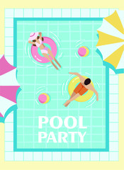 a pool party, a poster for a pool party with an inscription, people swim in the pool