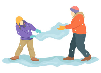 Two teenagers are playing snow in the winter. Templates for landing pages, websites and posters