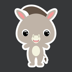 Children's sticker of cute little donkey. Domestic animal. Flat vector stock illustration
