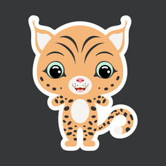 Children's sticker of cute little lynx. Wild animal. Flat vector stock illustration