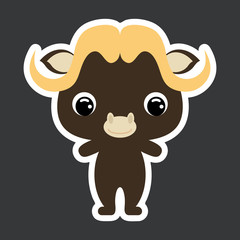 Children's sticker of cute little musk ox. Wild animal. Flat vector stock illustration