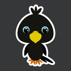 Children's sticker of cute little raven. Flat vector stock illustration