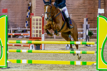 Horse Jumping an obstacle during an equestrian competition on Blurred Background