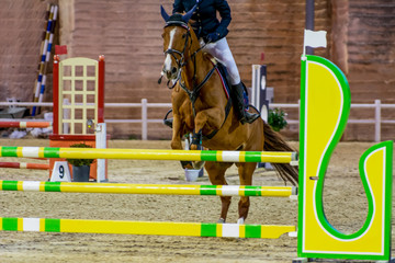 Horse Jumping an obstacle during an equestrian competition on Blurred Background