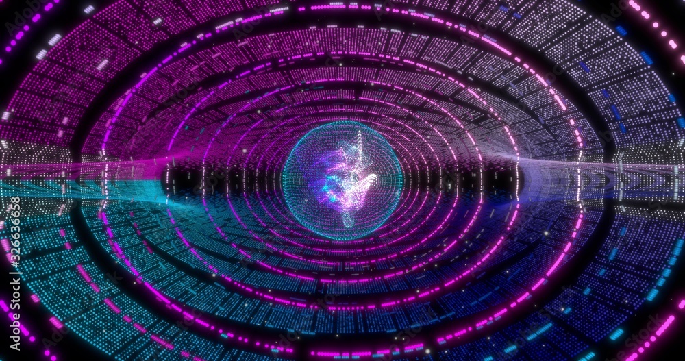Aufkleber neon circle background with data tunnel. fluorescent ultraviolet lights . virtual reality future des