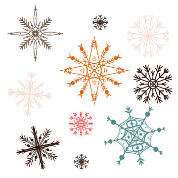 Festive multi-colored curly snowflakes in scadinavian minimalistic style cute digital flat illustration. Print for cards, posters, banners, web, fabrics, textiles, wrapping paper.