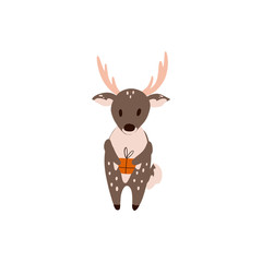 Brown deer in paws box with a bow in scadinavian minimalistic style. Cute digital flat illustration. Print for cards, posters, banners, web, fabrics, textiles, wrapping paper.